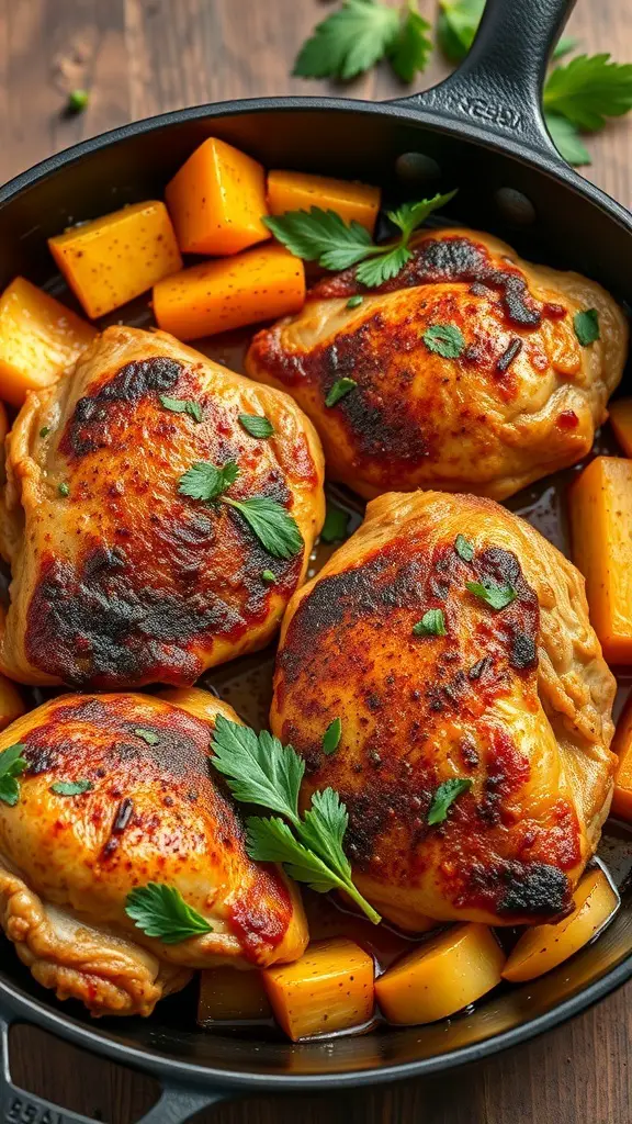 Spicy Harissa Chicken Thighs with squash in a skillet