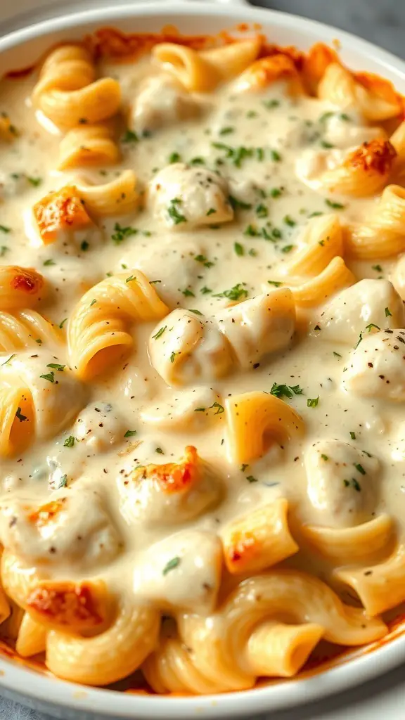 Creamy tilapia alfredo pasta bake in a white casserole dish, topped with parsley.