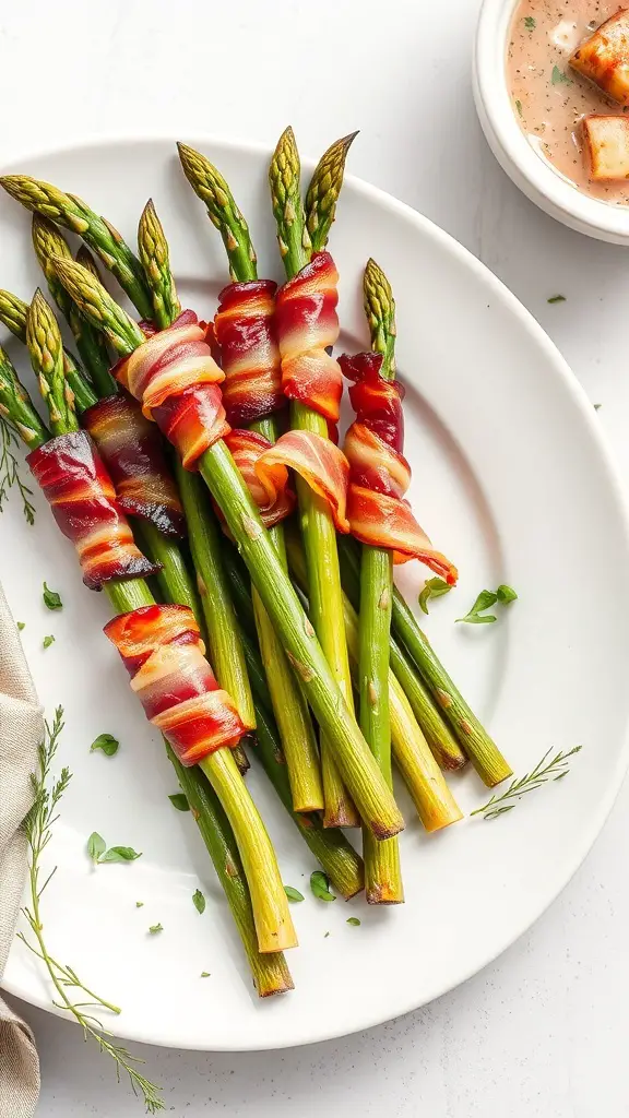 A plate of bacon-wrapped asparagus spears, garnished with herbs.