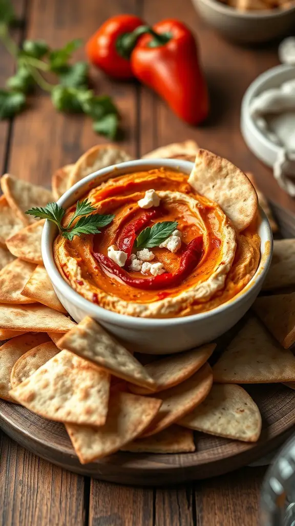 A bowl of roasted red pepper and feta dip surrounded by pita chips, garnished with parsley.