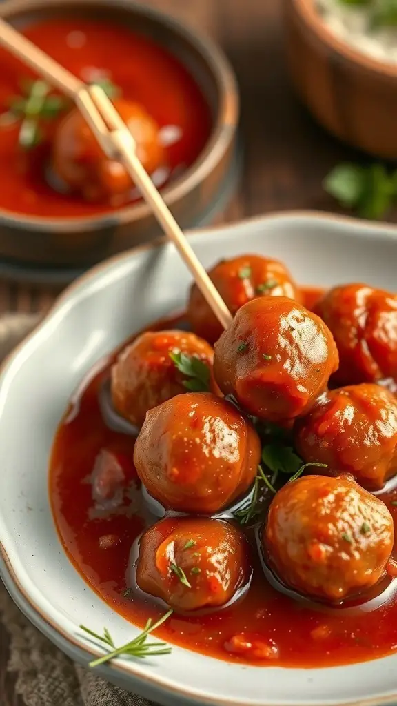 A plate of mini meatballs in marinara sauce, garnished with herbs.