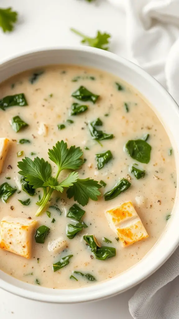 A bowl of herbed tofu and spinach soup with tofu cubes and fresh spinach