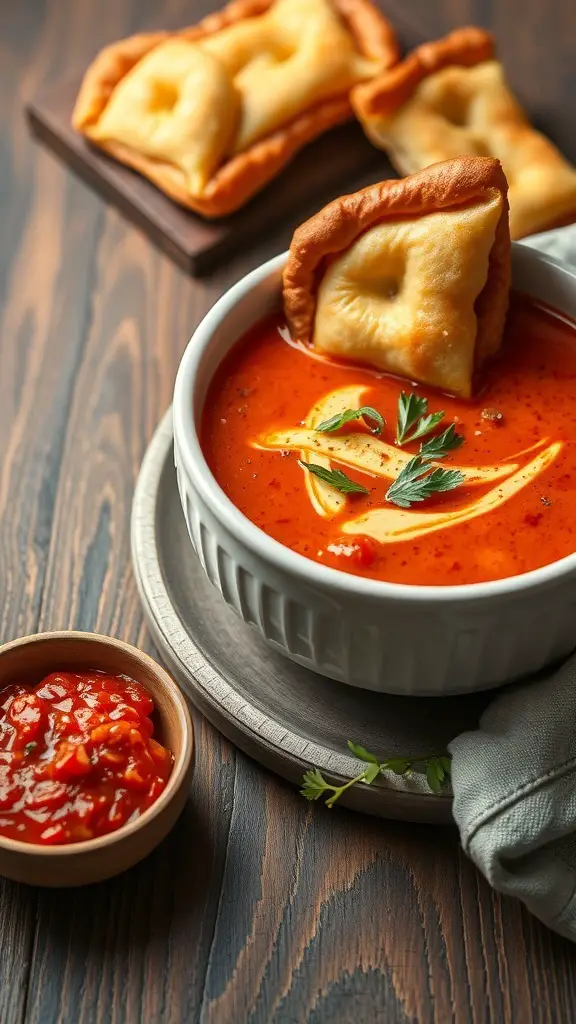 A bowl of spicy Tunisian brik soup with crispy brik pastries on the side