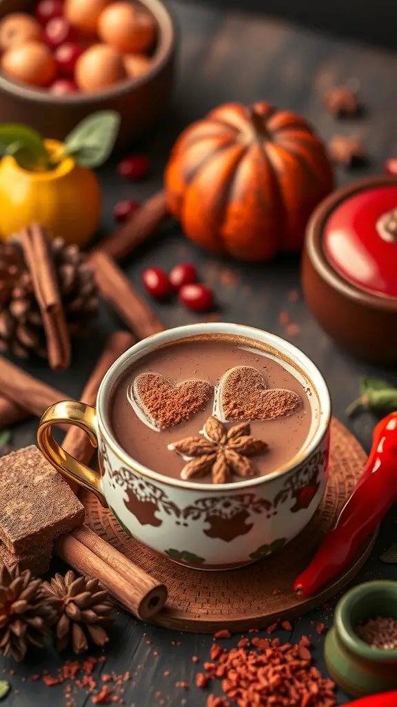 A cup of spicy Mexican hot chocolate with heart-shaped cocoa powder, surrounded by cinnamon sticks, a chili pepper, and seasonal decorations.