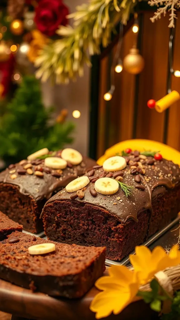 Chocolate banana bread loaf with banana slices and festive decorations