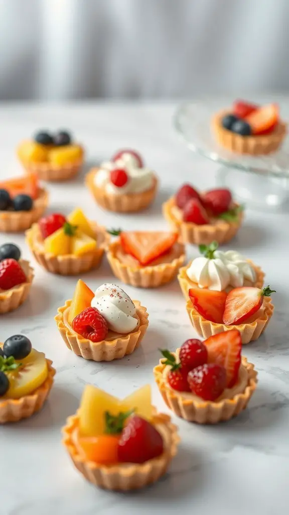 A variety of miniature fruit tarts with colorful fruits on top