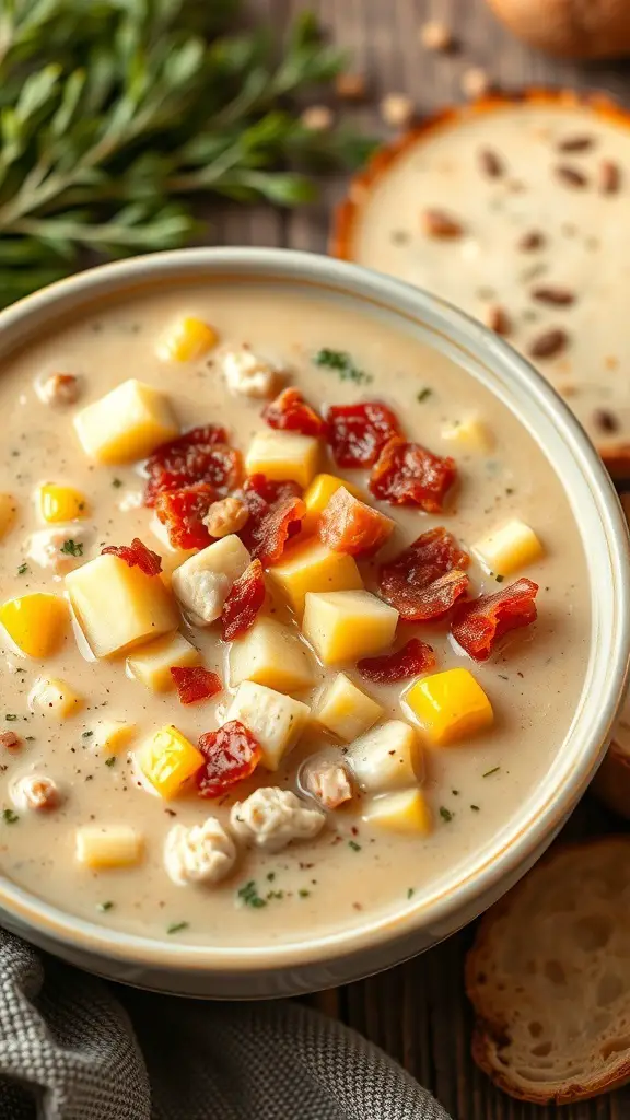 A bowl of creamy turkey and bacon chowder topped with diced vegetables and herbs.