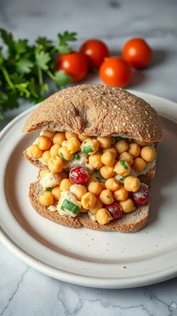 Chickpea salad sandwich filled with chickpeas, veggies, and herbs on whole grain bread.
