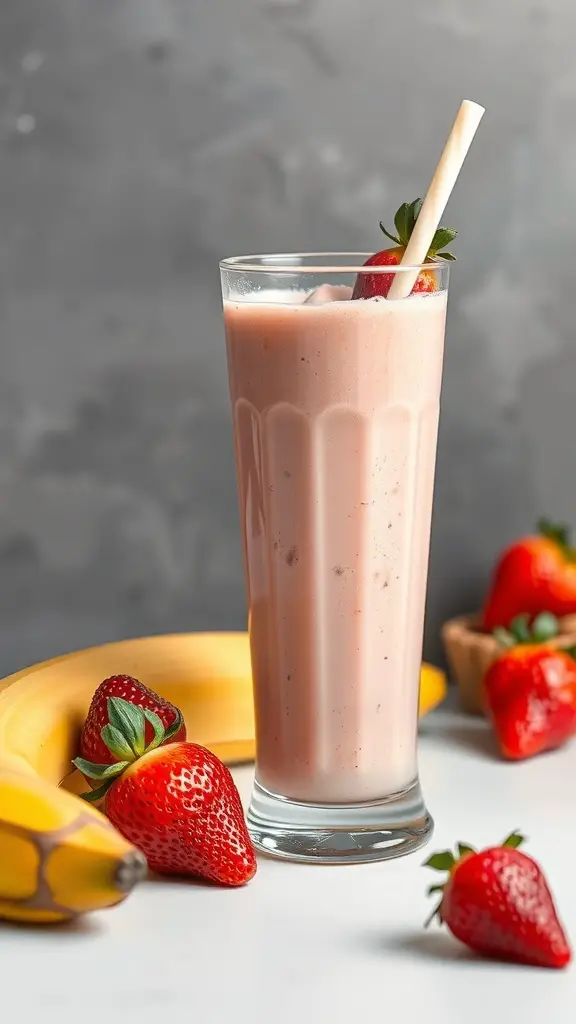 A refreshing strawberry banana protein shake served in a tall glass, surrounded by fresh strawberries and a banana.