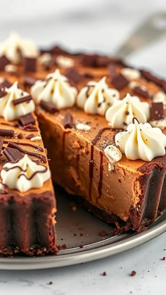 A delicious Chocolate Peanut Butter Pie with whipped cream and chocolate shavings on top.