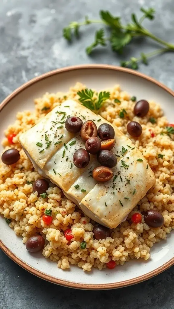 A plate of tilapia on Mediterranean couscous with olives and herbs