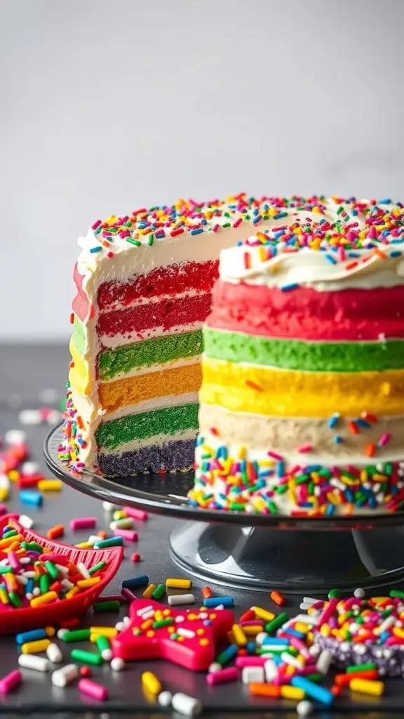 A colorful rainbow layer cake with sprinkles, showcasing vibrant layers of red, orange, yellow, green, blue, and purple.