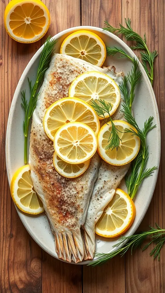 Baked flounder fillets topped with lemon slices and dill on a plate.
