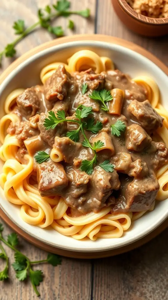 A bowl of creamy beef stroganoff served over noodles, garnished with parsley.