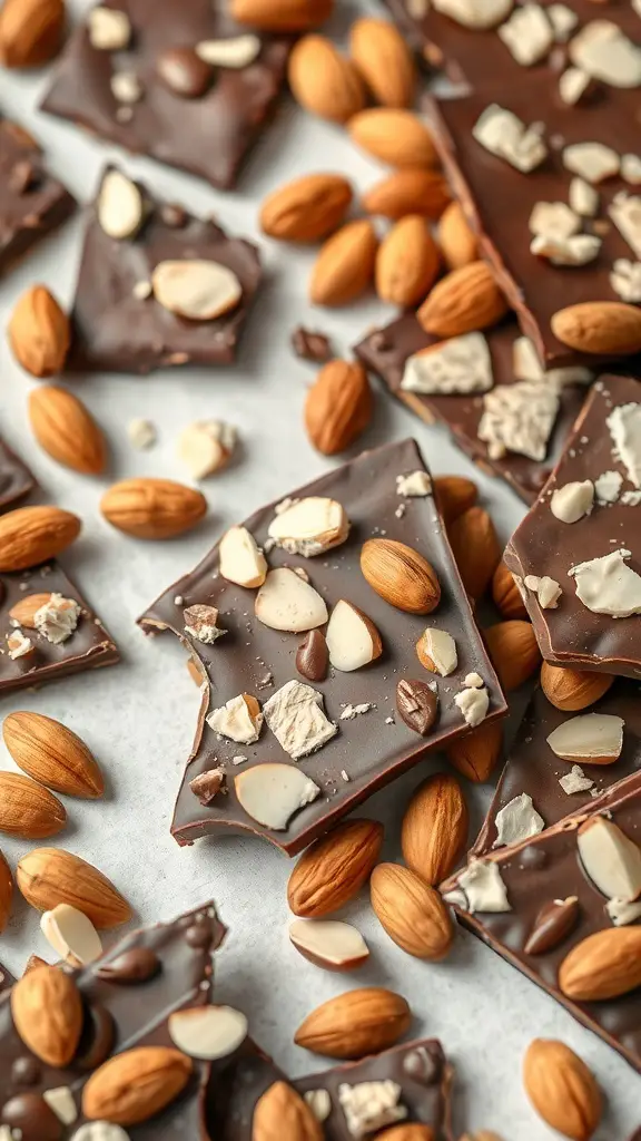 Chocolate almond bark pieces with whole and chopped almonds scattered around