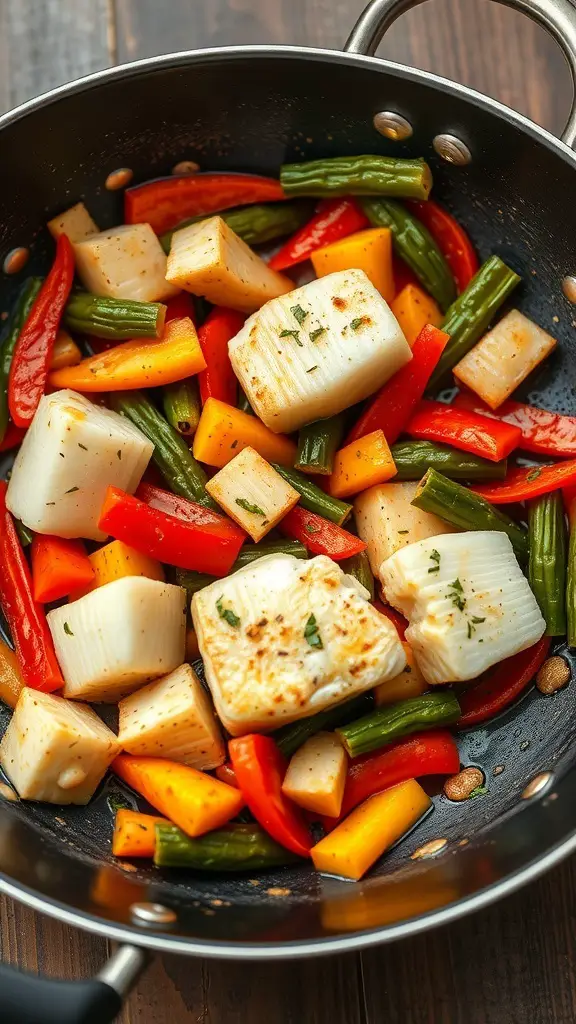 A colorful stir-fry featuring cod and various vegetables in a pan.