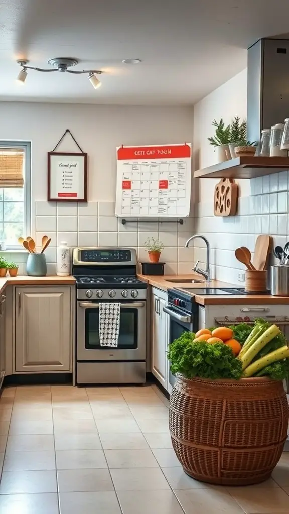 A cozy kitchen with fresh vegetables and fruits, showcasing a basket of greens and oranges, ideal for the cabbage soup diet.