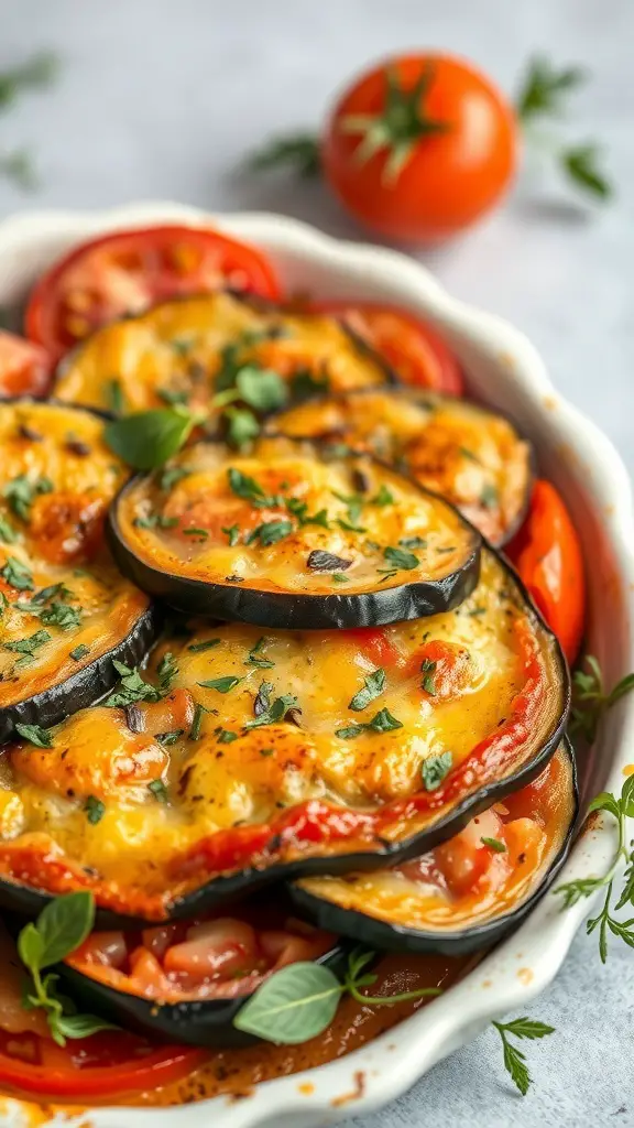 A delicious Eggplant and Tomato Bake with layers of eggplant and tomatoes, garnished with herbs.