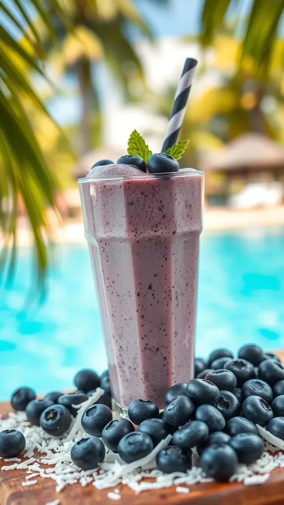 Coconut and Blueberry Fiber Smoothie in a glass with blueberries and coconut around it