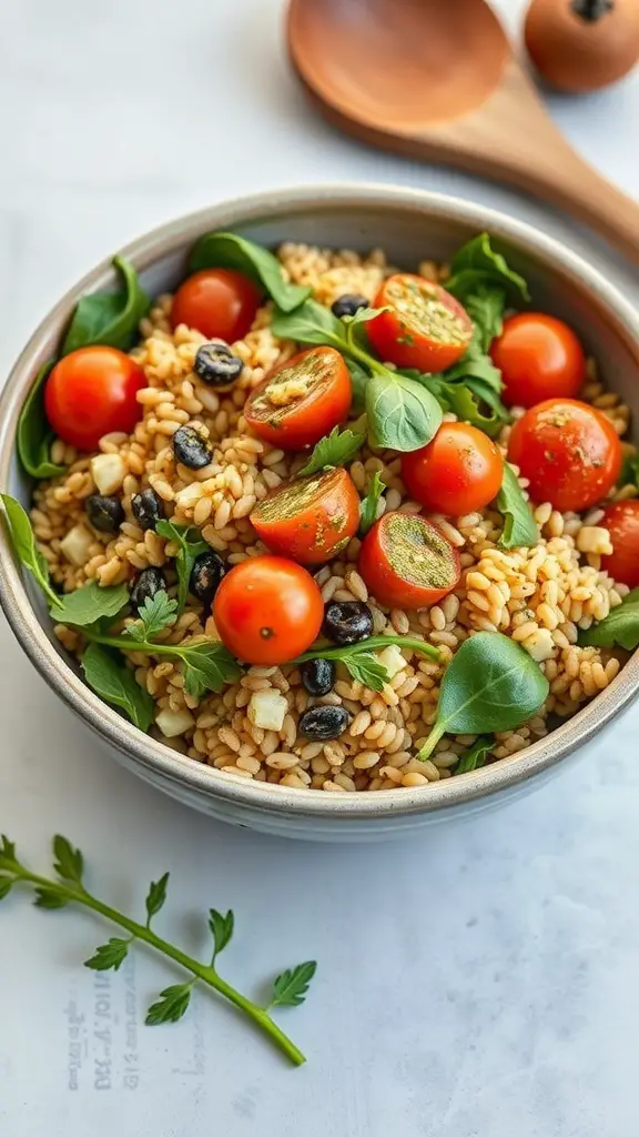 A bowl of Mediterranean farro salad with cherry tomatoes, black beans, and greens.