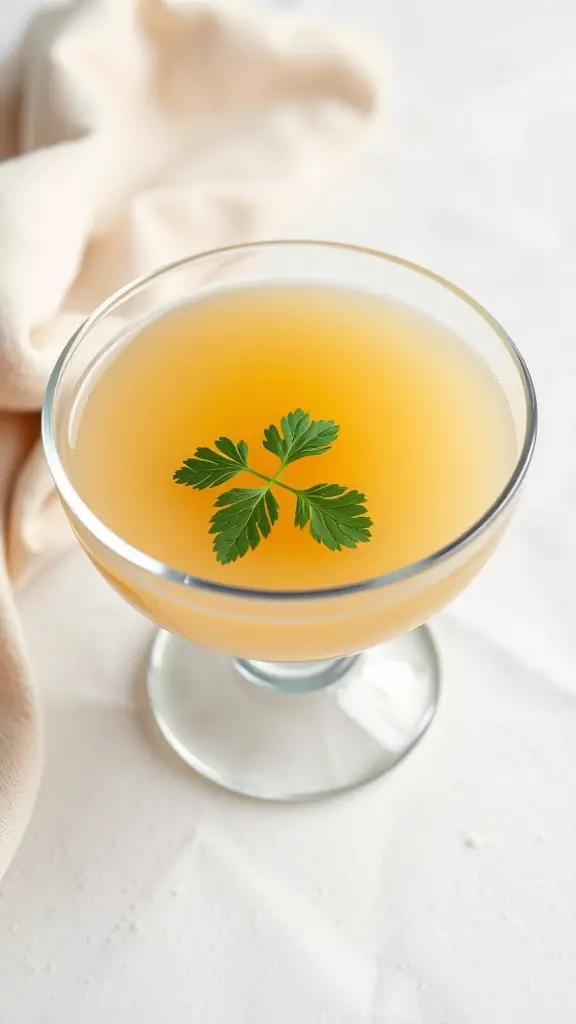 A clear bowl of chicken consommé garnished with a sprig of cilantro.