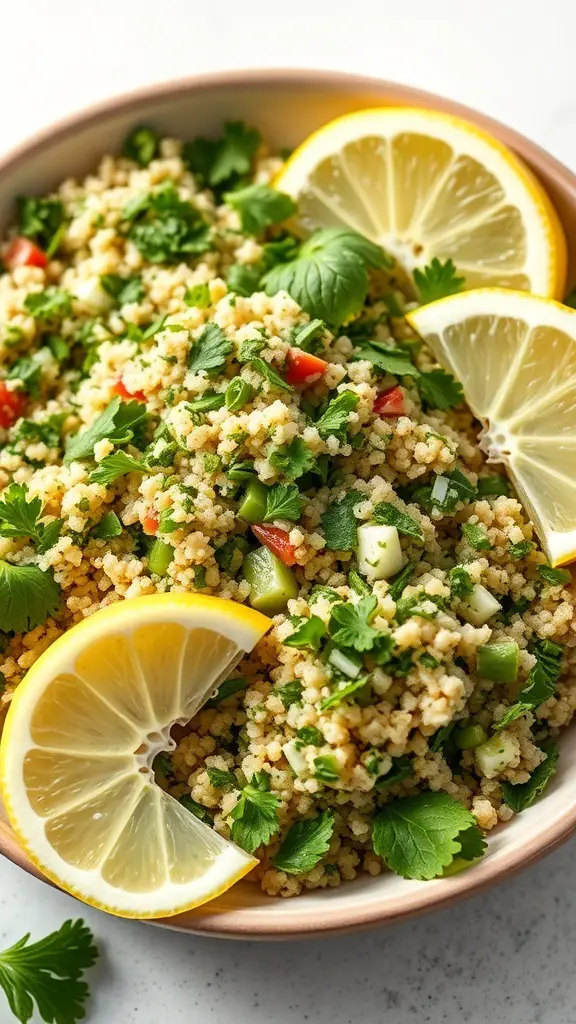 A bowl of tabbouleh salad with bulgur wheat, parsley, mint, and lemon slices