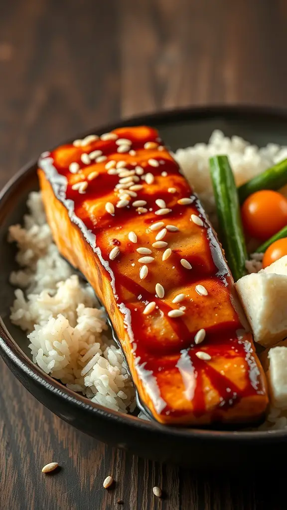 Teriyaki Baked Salmon with sesame seeds served on rice with vegetables