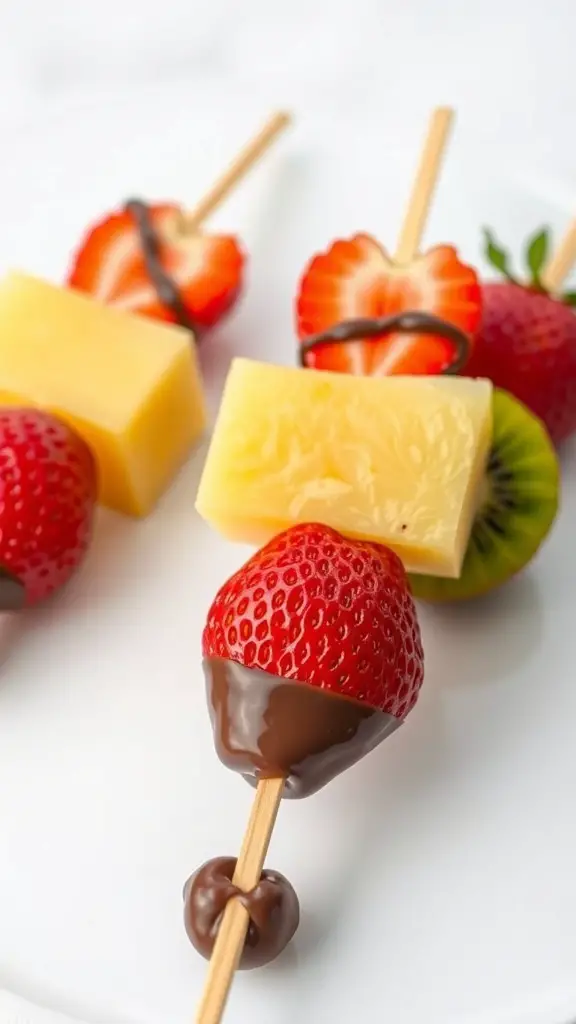 Chocolate dipped fruit skewers with strawberries, pineapple, and kiwi
