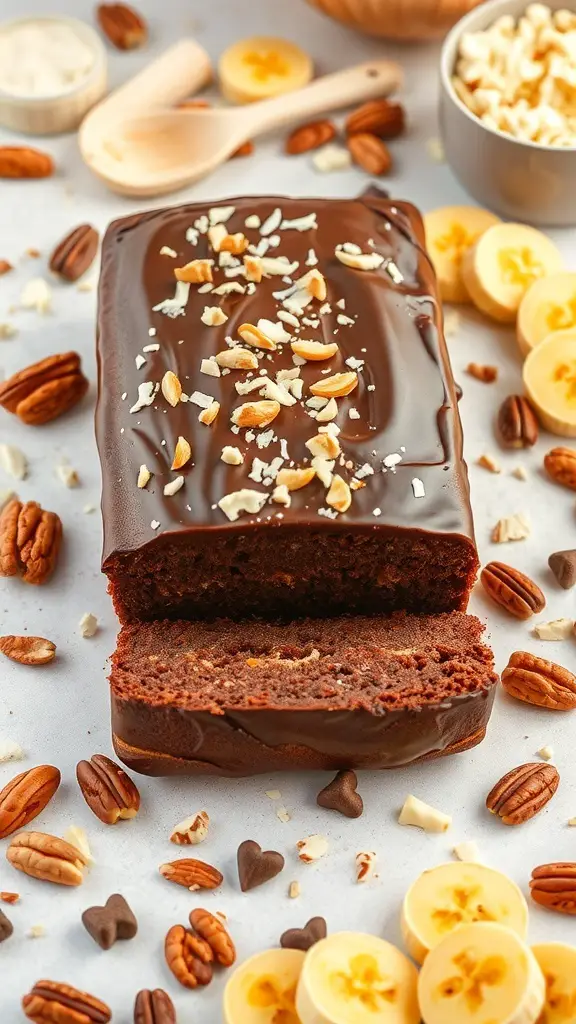 A loaf of chocolate banana bread topped with chocolate ganache, chopped nuts, and surrounded by banana slices and nuts.