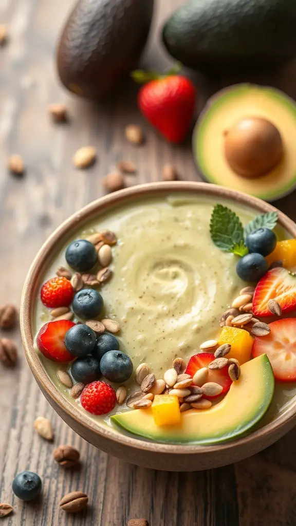 A bowl of tropical avocado smoothie topped with fruits and seeds.