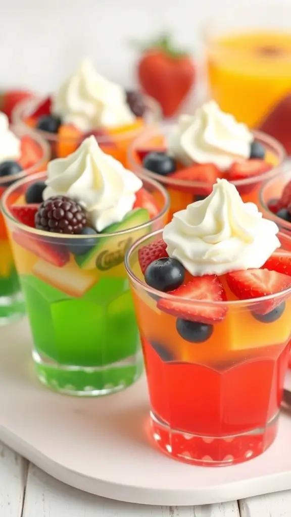 Colorful fruity gelatin cups topped with whipped cream and fresh berries