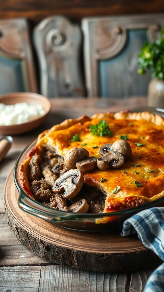 A delicious beef and mushroom pie with a golden crust, garnished with mushrooms and parsley.