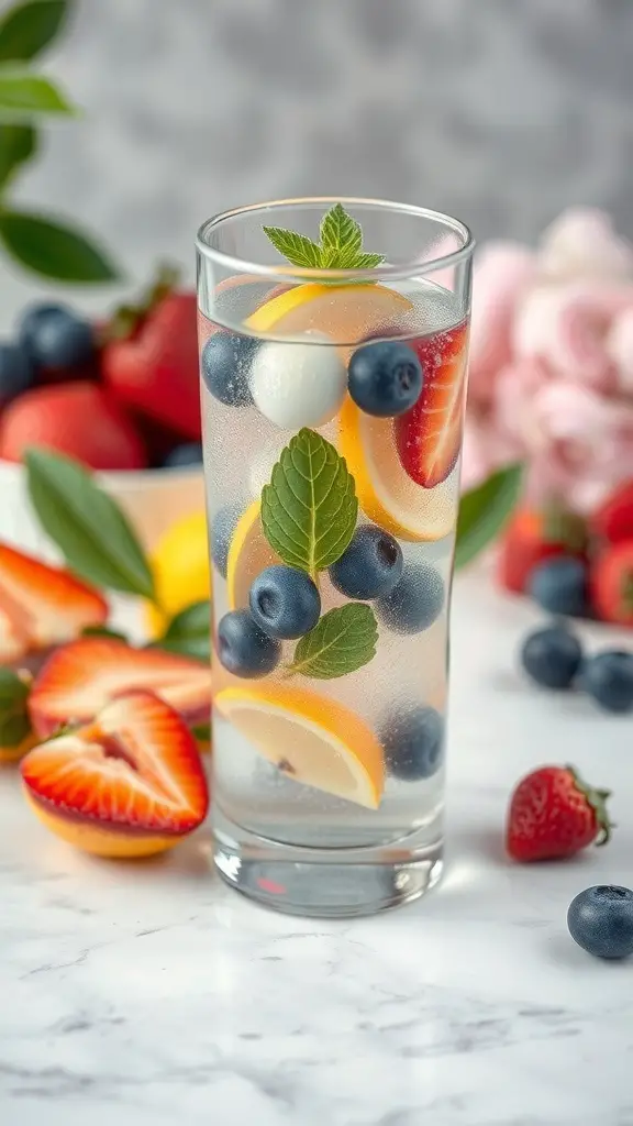 A refreshing drink with fruits like strawberries, blueberries, and lemon slices in a glass.