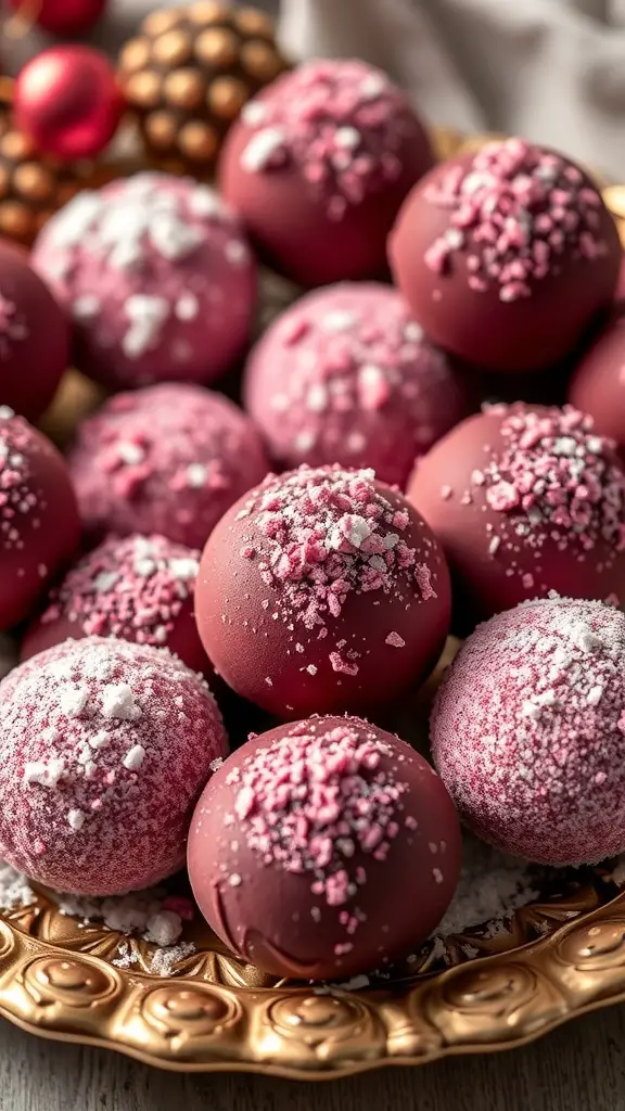 A plate of pink Sugar Plum Fairy Truffles with festive toppings.