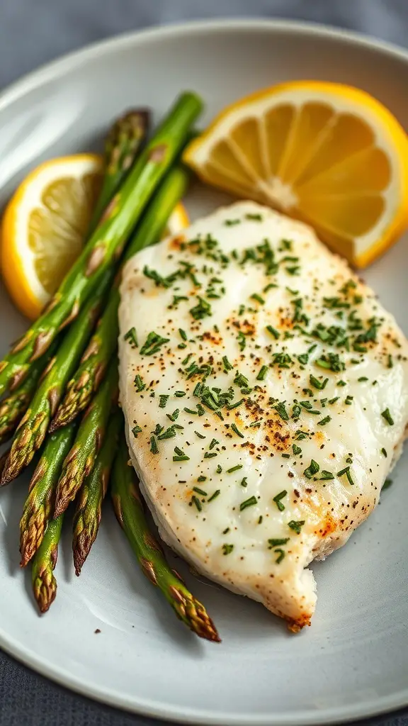 A plate with herb-crusted cod, asparagus, and lemon slices.