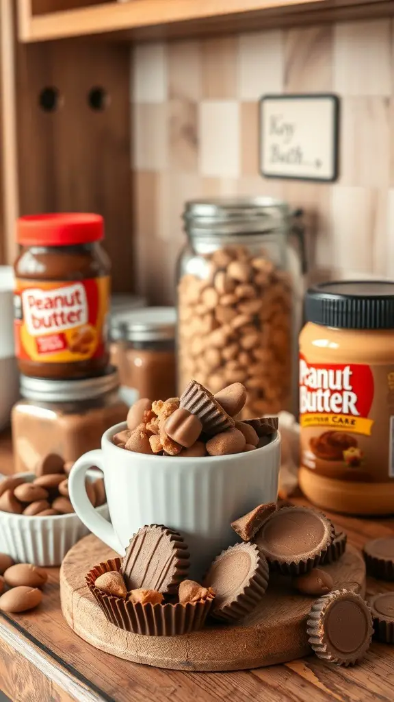 A cozy setup featuring a cup filled with peanut butter cups and jars of peanut butter, perfect for making Peanut Butter Cup Hot Chocolate.