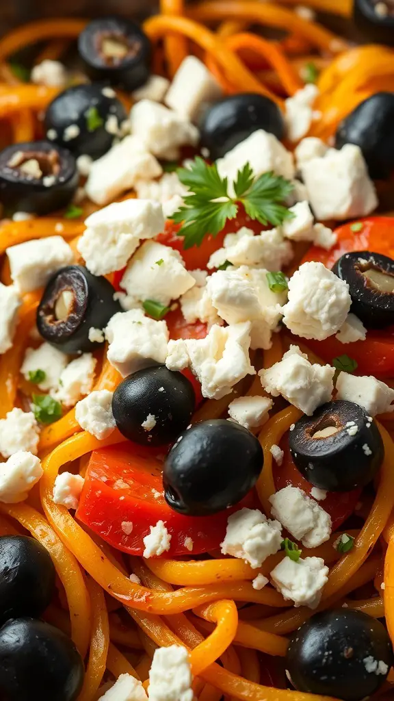 A colorful Mediterranean ground beef stir fry topped with feta cheese and black olives.