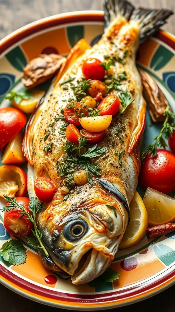 A beautifully baked trout garnished with cherry tomatoes and herbs on a colorful plate.