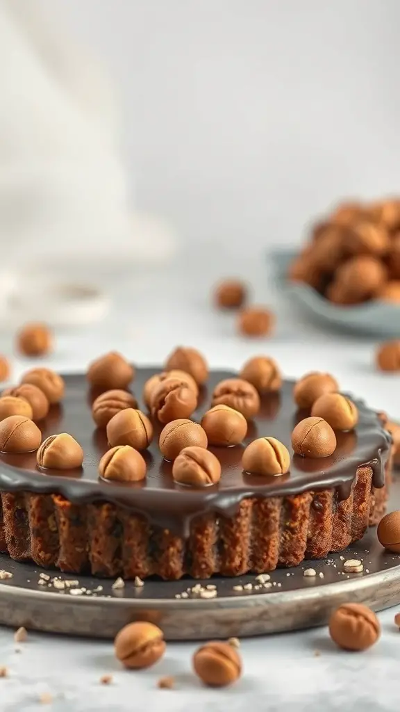 A beautifully presented Chocolate Hazelnut Tart topped with hazelnuts on a marble surface.