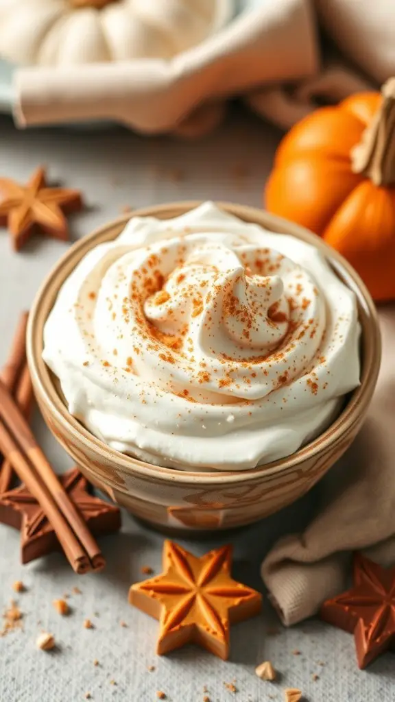 A bowl of pumpkin spice whipped cream topped with a sprinkle of cinnamon, surrounded by pumpkin decorations and star-shaped cookies.