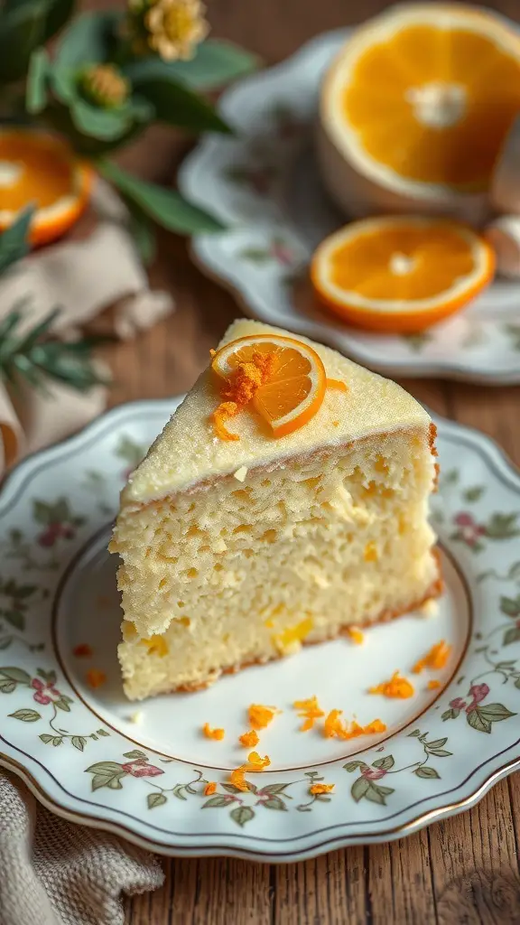 A slice of Olive Oil and Orange Cake on a floral plate, garnished with orange slices and zest.