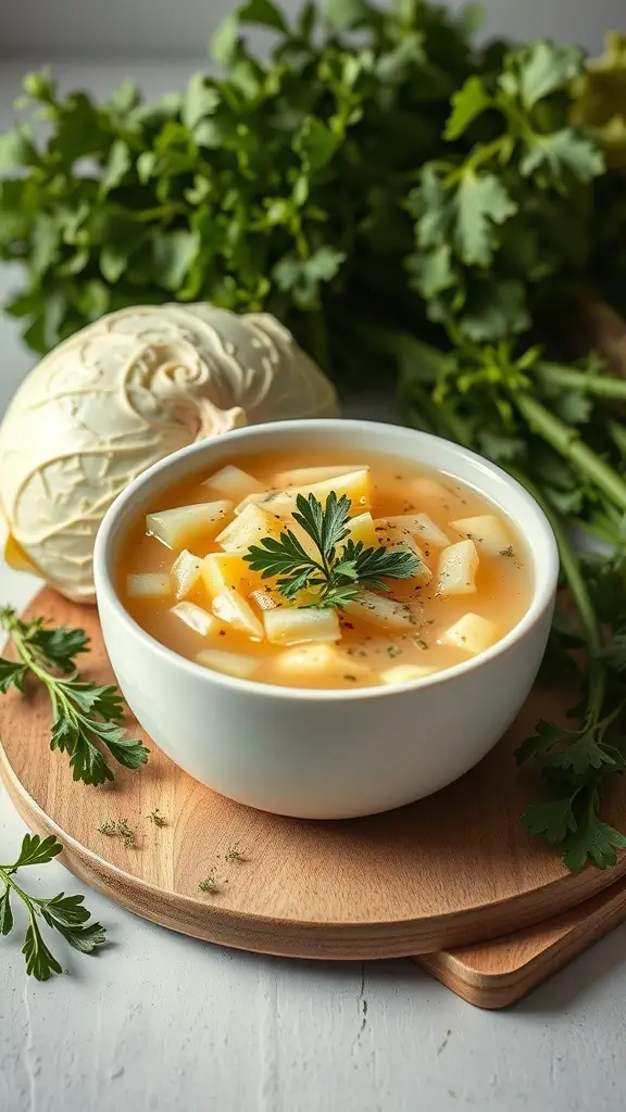 A bowl of cabbage soup with parsley on a wooden board, surrounded by fresh cabbage and herbs.