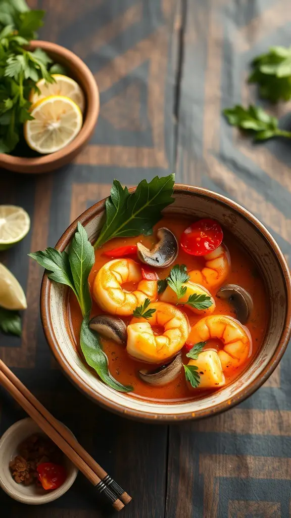 A bowl of Tom Yum Tofu Soup with shrimp, mushrooms, and fresh herbs.