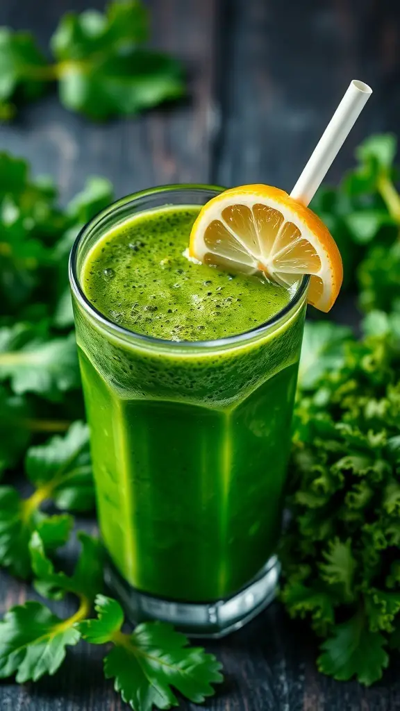 A green detox smoothie in a glass with a lemon slice on the rim, surrounded by fresh greens.
