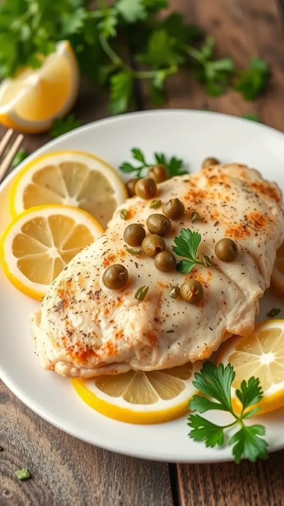 A plate of Chicken Piccata with capers and lemon slices, garnished with parsley.