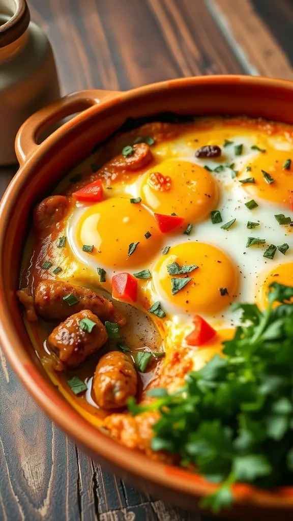A close-up of a baked dish with eggs, sausage, and herbs, showcasing a hearty breakfast.