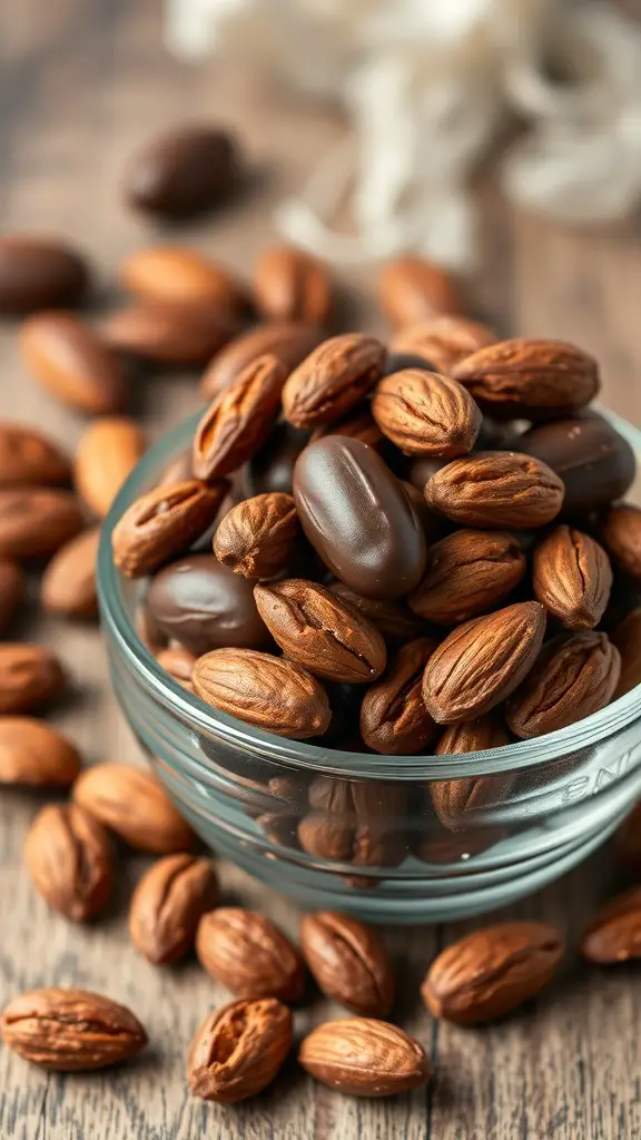 A bowl of chocolate dipped almonds with scattered whole almonds around it.