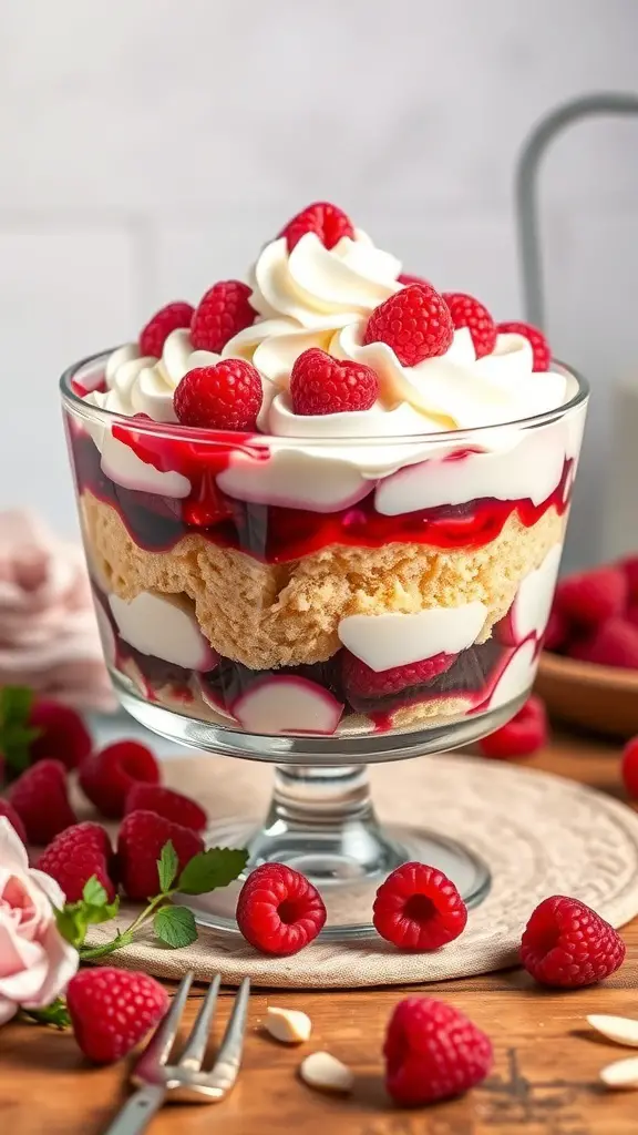 A delicious raspberry almond trifle in a glass dish, topped with whipped cream and fresh raspberries.