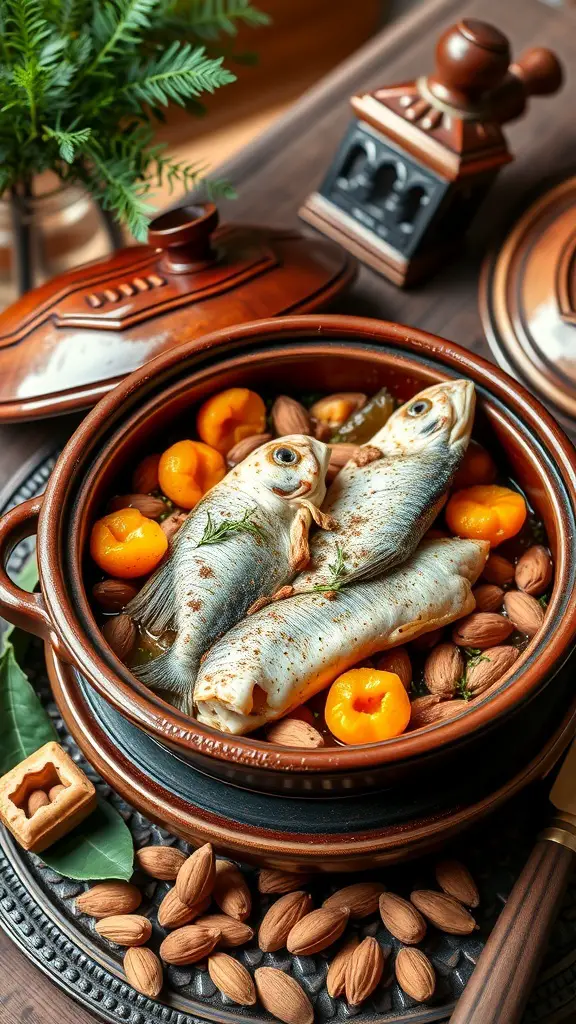 A tagine dish featuring fish, apricots, and almonds, beautifully presented with rustic decor.