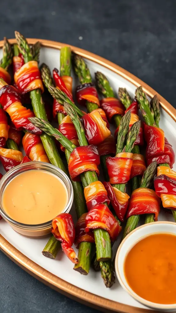 A platter of bacon-wrapped asparagus with dipping sauces